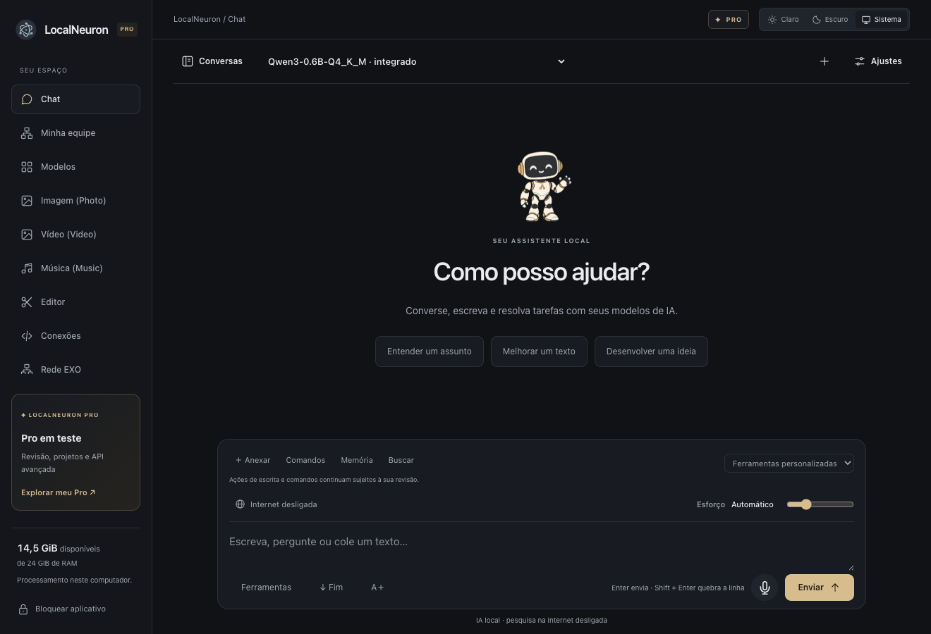 Interface do chat do LocalNeuron em modo escuro